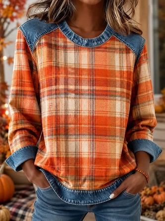 plaid print patchwork denim crew neck long sleeved sweatshirt