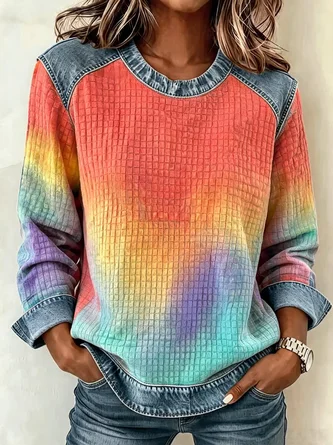 Abstract Gradient Print Patchwork Denim Crew Neck Long Sleeve Sweatshirt
