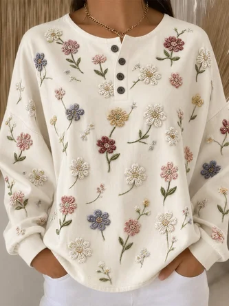 Henley Collar Floral Casual Sweatshirt