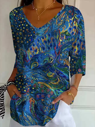 Three Quarter Sleeve T shirt Spring Fall Abstract Printing V Neck Daily Going Out Casual Top