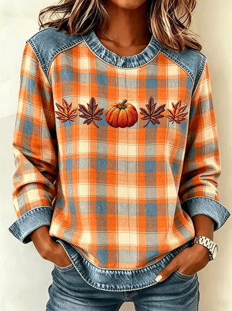 Plaid Pumpkin Print Patchwork Denim Crew Neck Long Sleeve Sweatshirt