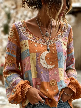 Contrast Stitching Crew Neck Elegant Blouse