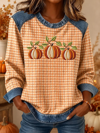 Maple Leaf Print Patchwork Denim Crew Neck Long Sleeve Sweatshirt