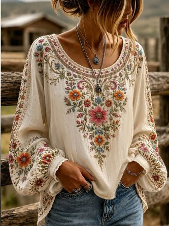 Crew Neck Loose Printing Elegant Blouse