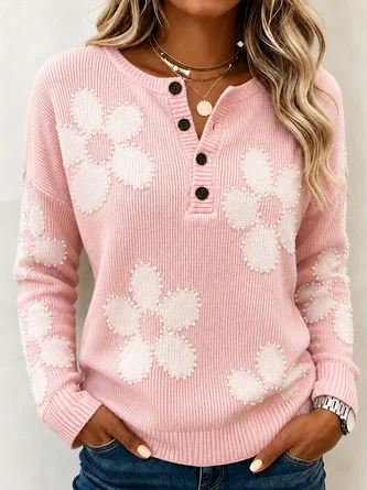 Floral Henley Collar Casual T Shirt