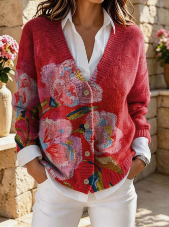 Regular Fit V Neck Floral Cardigan