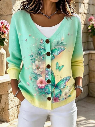 Butterfly Regular Fit Casual V Neck Cardigan