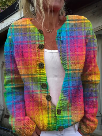 Regular Fit Geometric Crew Neck Vintage Cardigan