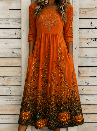 Crew Neck Vintage Loose Halloween Dress No