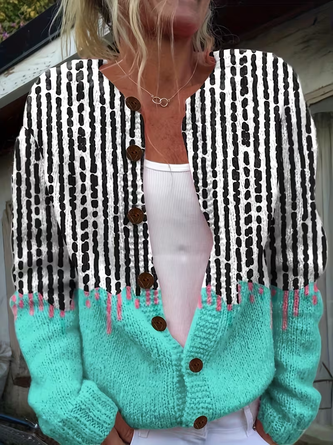 Crew Neck Abstract Casual Cardigan