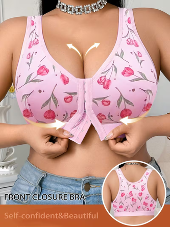 Wire Free Floral Print Front Closure Push Up Support Adjustable Straps Seamless Everyday Bra