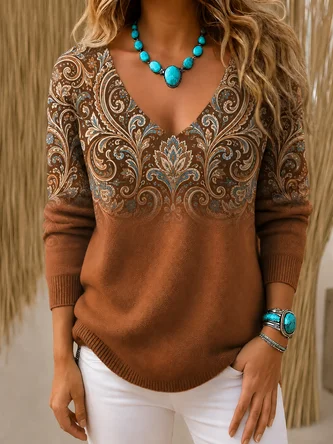 Casual V Neck Regular Fit Floral Sweater