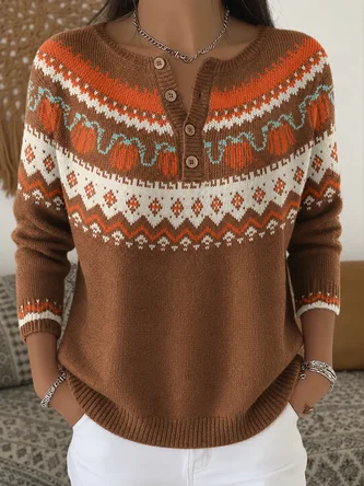 Vintage Abstract Graphic Half Open Collar Sweater