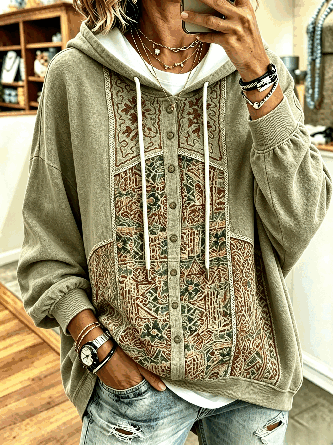 Vintage Patchwork Hoodie Printed Ornamental Buttons