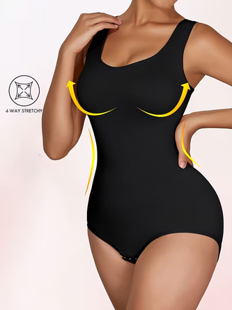 Wide shoulder straps U neck beautiful back tight fitting bodysuit triangle buttons waist cinching shaping bodysuit