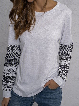 Plus Size Casual Long Sleeve Tribal Tops