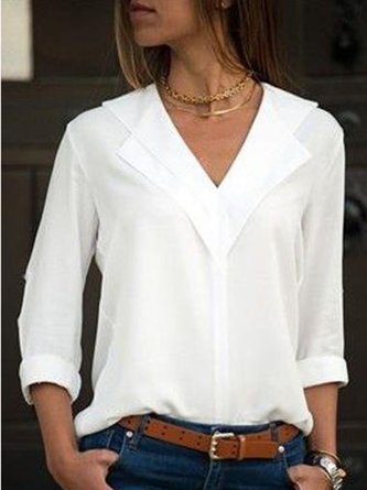 zolucky Women V-Neck Solid Color Long Sleeve Blouse