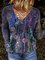 Women Casual V Neck Leaves Print Long Sleeve Top