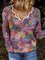 Women Vintage Floral Printed Cotton-blend V neck Pink Sweater