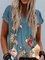 Women Cotton Casual V Neck Floral-Print Short Sleeve Shirts