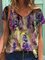 Women Casual V Neck Floral-Print Short Sleeve Shirts