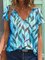 Women Leaves Short Sleeve Printed V neck Vintage Summer Blue Top