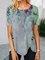 Floral Short Sleeve Printed Cotton-blend Crew Neck Casual Summer Gray Top