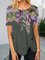 Floral Short Sleeve Printed Cotton-blend Crew Neck Casual Summer Black Top