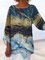 Vintage Geometric Texture Printed Plus Size 3/4 Sleeves Round Neck Casual Tops