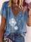 Vintage Short Sleeve Dandelion Printed V Neck Plus Size Casual Tops
