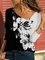 Vintage Color Block Floral Printed V-Neck Long Sleeves Plus Size Casual T-shirts