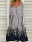 Gray Floral Printed Buttoned V Neck Casual Long Sleeve A-line Knitting Dress