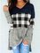 Casual Color Block Checked/Plaid Printed V Neck Loosen Shirts & Tops