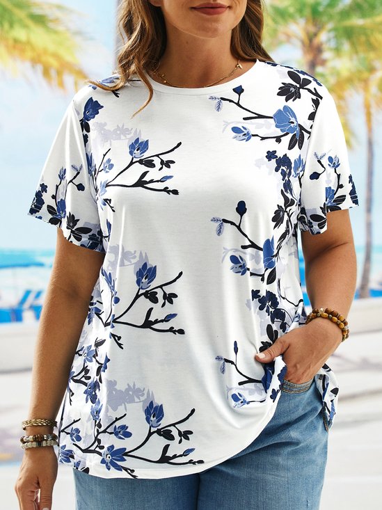 Plus Size Casual Floral Short Sleeve Round Neck Printed T-Shirt