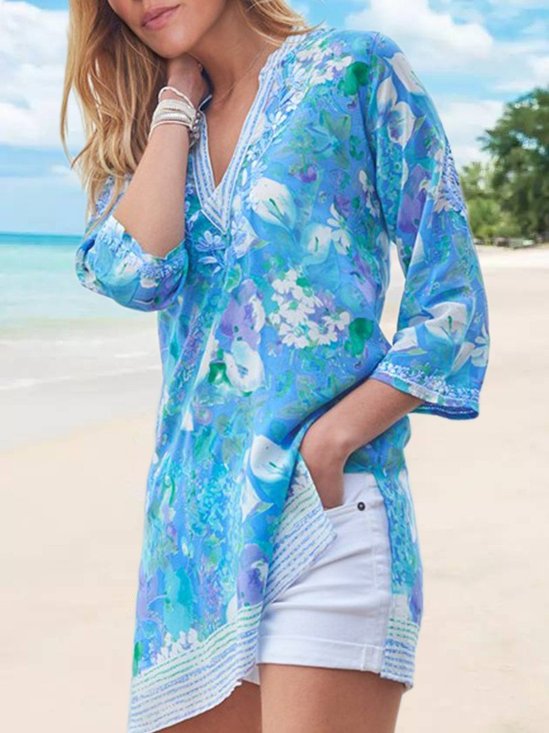 zolucky Woman Chiffon Floral-Print Half Sleeve V Neck Elegant T-shirt