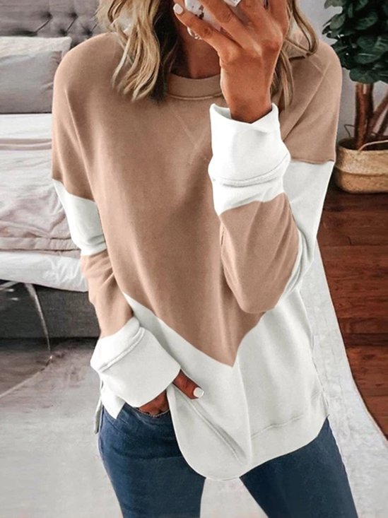 Khaki Color-Block Casual Sweatshirt