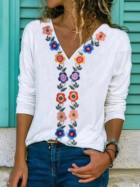 Zolucky Women Cotton-Blend Long Sleeve V Neck Vintage Shift Shirt & Top