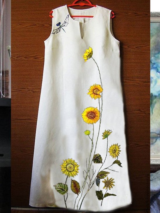 White Floral Crew Neck Sleeveless Cotton-Blend SunDress