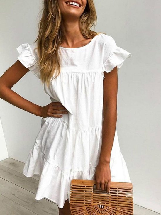 White Casual Cotton Short Sleeve Weaving Dress