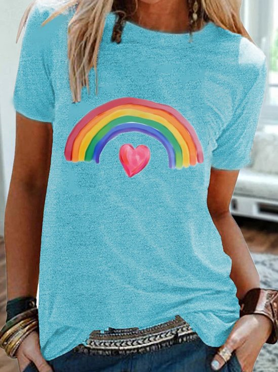 Vintage Short Sleeve Rainbow Heart Printed Crew Neck Casual Tops