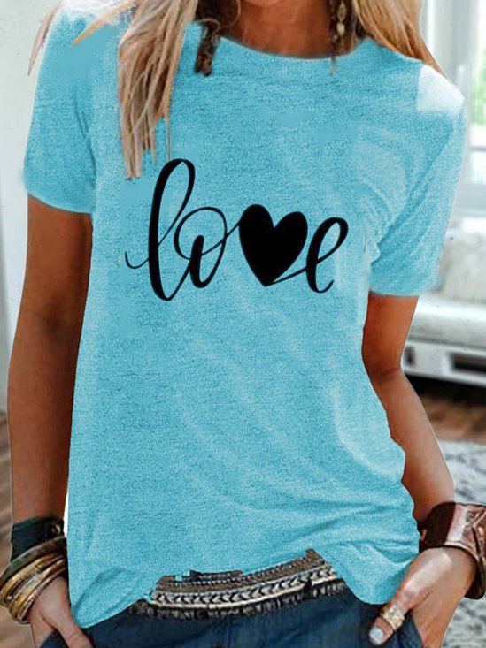 Vintage Short Sleeve Love Letter Printed Crew Neck Casual Tops