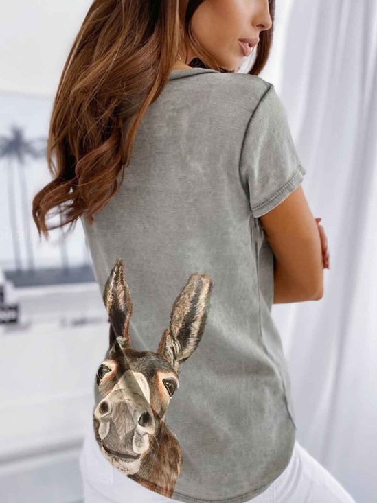 Zolucky Women Cotton Gray Animal Short Sleeve V Neck Plus Size T-shirt