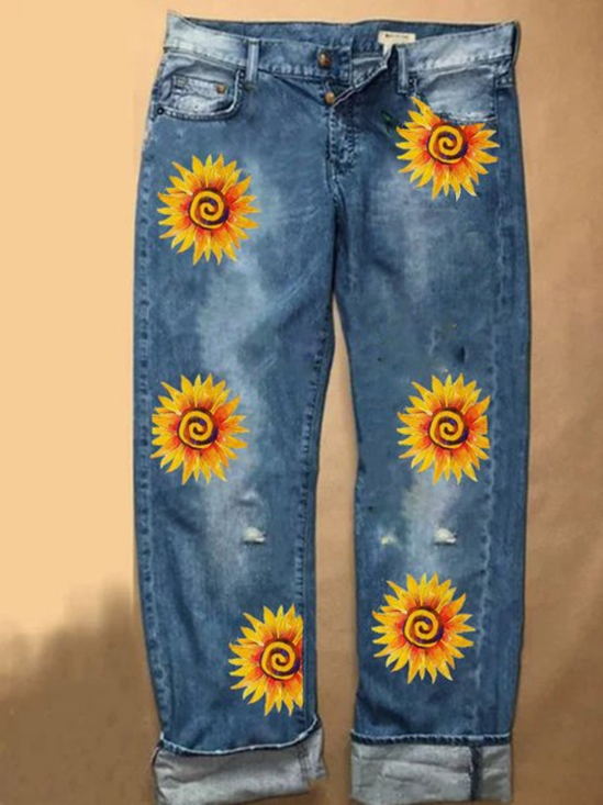 Vintage Casual Plus Size Floral Printed Jeans Jeans