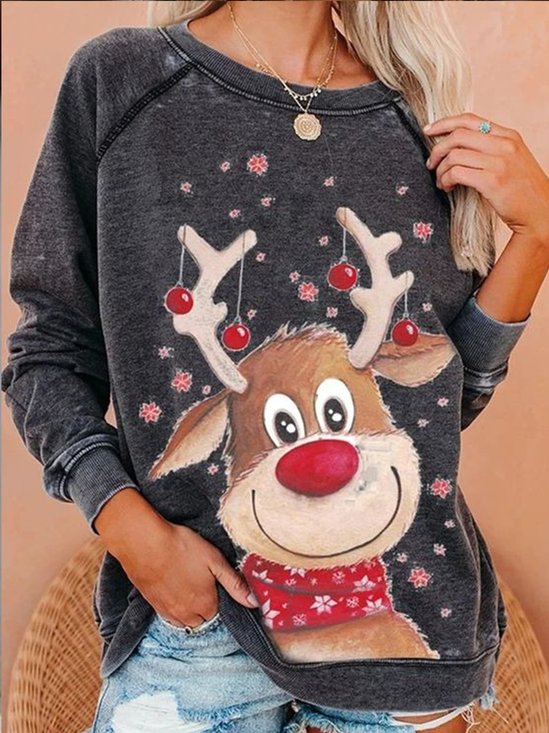 Christmas Crew Neck Cotton-Blend Animal Casual T-shirt
