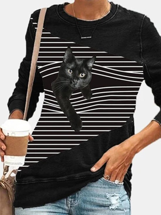 Black Cat Striped Patchwork Print Casual Blouse