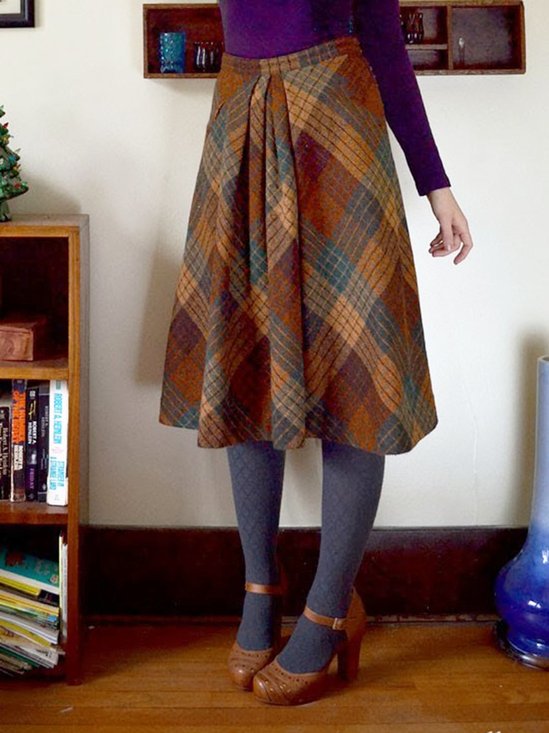 Brown Plaid Printed Ruched A-line Vintage Casual Skirt