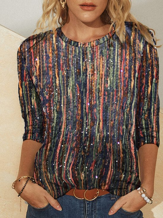 Women Casual Multi-color Striped Crew Neck Long Sleeve Shirt