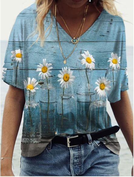 V Neck Floral-Print Short Sleeve T-shirt