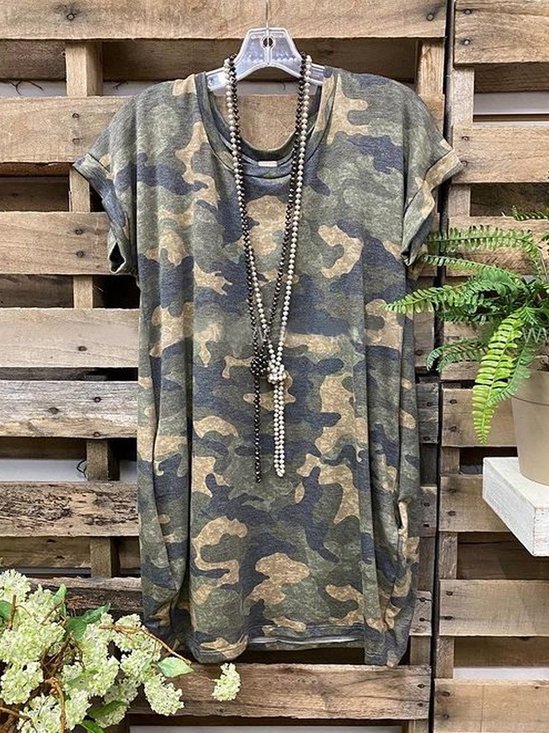 Camo  Short Sleeve  Printed  Cotton-blend  Crew Neck  Casual  Summer  Olive Drab Top