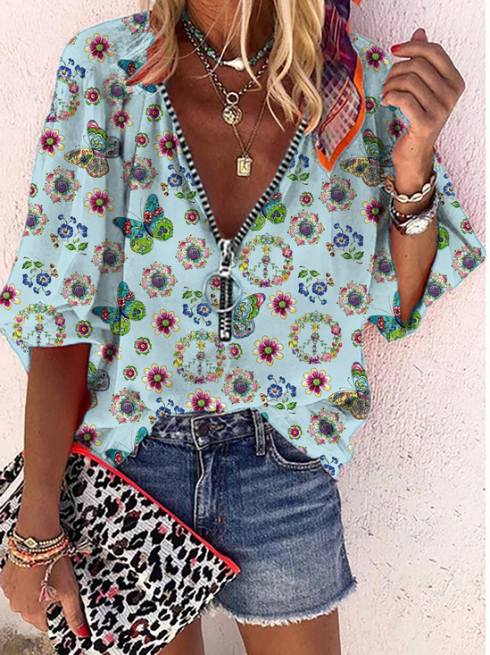 Women Summer Butterfly Shift Holiday Casual Printed T-shirt
